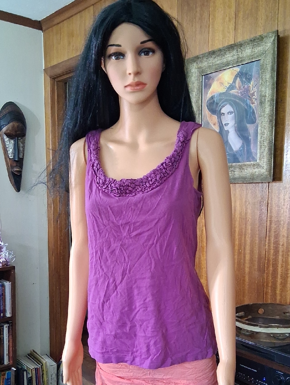 LOFT Magenta Scoop Neck Tank with Rosette Trim